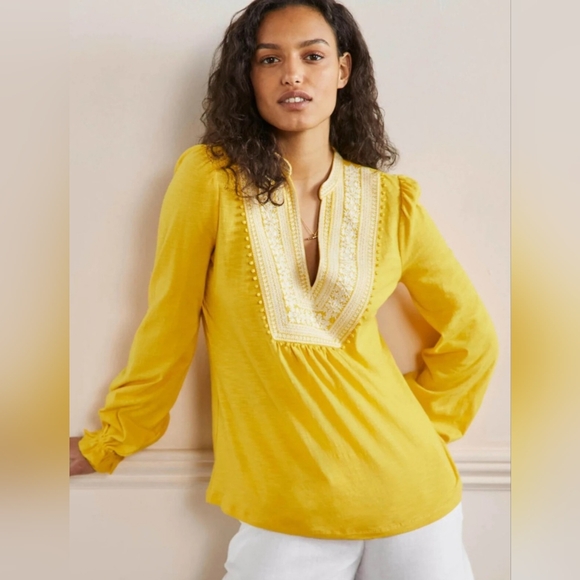 NWT Boden Notch Neck Embroidered Long Sleeve Cotton Top Yellow 12 - Picture 9 of 9